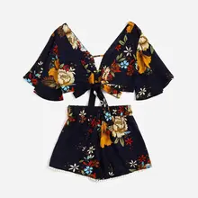 Floral Set Striped Shorts Set Faldas Mujer Moda 2019 Crop Top Floral Set Bow Summer 2 Piece Set Crop Top Women Lace Trim Shorts floral lace yoke pearl detail top