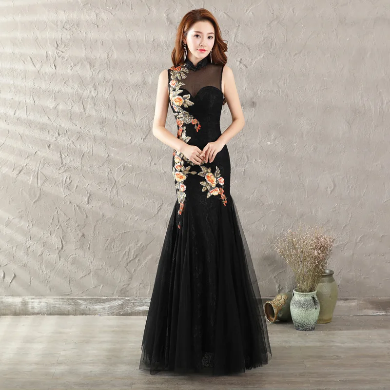 Вечернее платье кружевное традиционное китайское Ципао женское Восточное свадебное платье интригующее шелковое платье чеонгам китайский халат платья для вечеринок XXL - Цвет: black