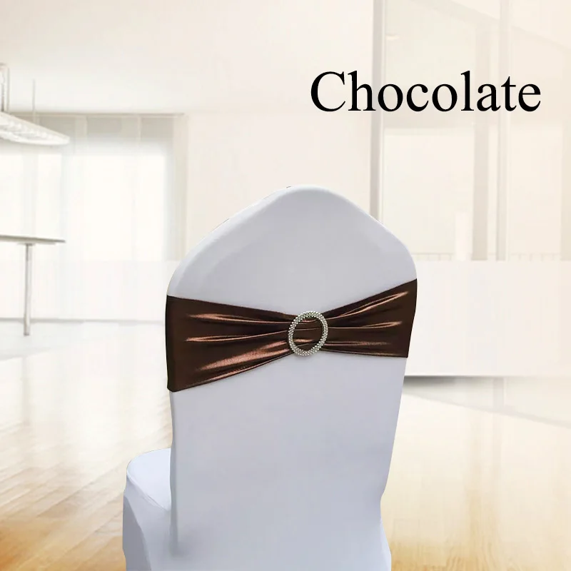 С фабрики 100 шт./лот блестящая бронзовая эластичная растягивающаяся съемная лента для стула с круглой пряжкой, декор свадебного банкета, банты - Цвет: Chocolate