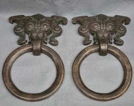 

B0602 51211" China Fengshui Bronze Foo Dog Demon Door Holder Gate Knockers One Pair statue