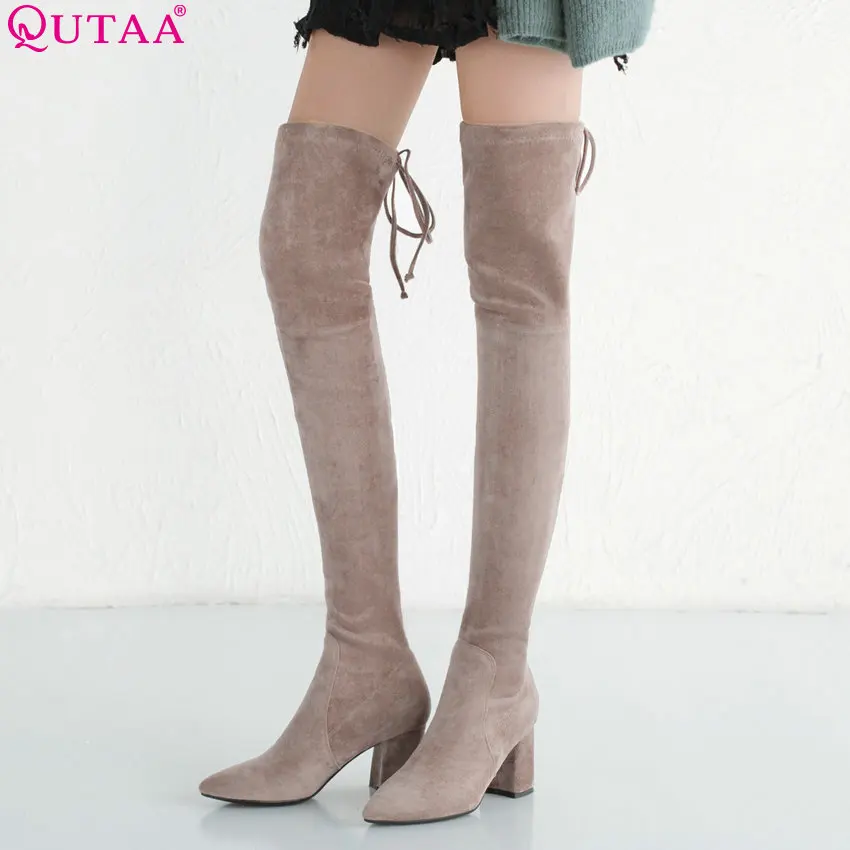 

QUTAA 2019 Women Over The Knee High Boots Square High Heel Pointed Toe Platform Zipper Winter Boots Women Boots Big Size 34-39