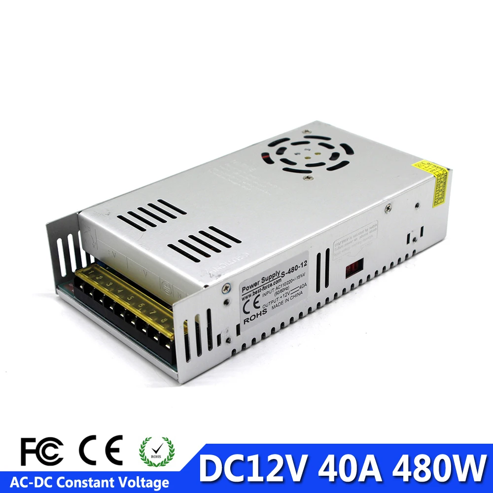 

Small Volume 12V 40A 480W Switching Power Supply Source 110v 220v AC to DC12V SMPS Factory Supplier For LED Strip Display Light