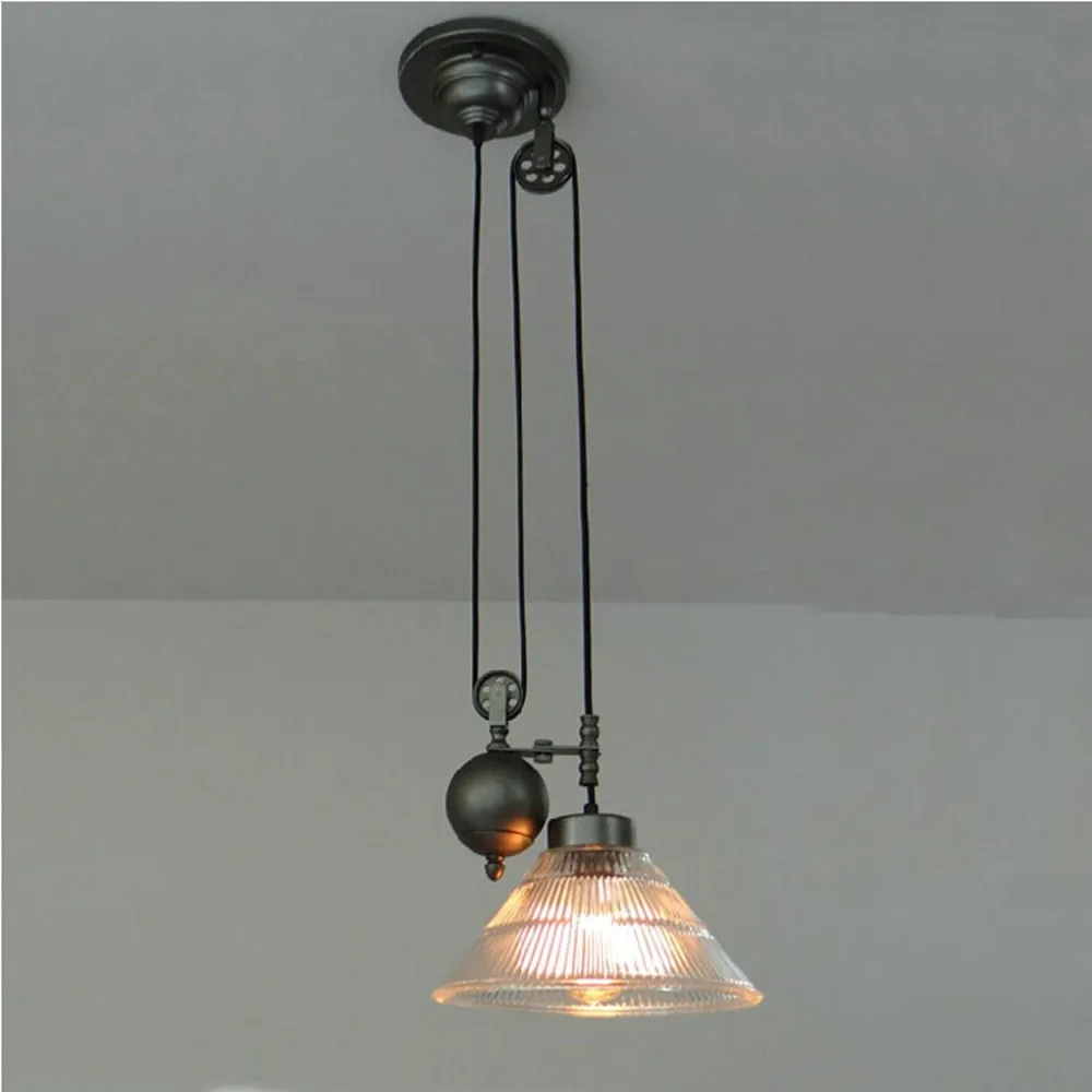 Glass Lampshade Retro Pulley Spindle lift Pendant Lights Industrial