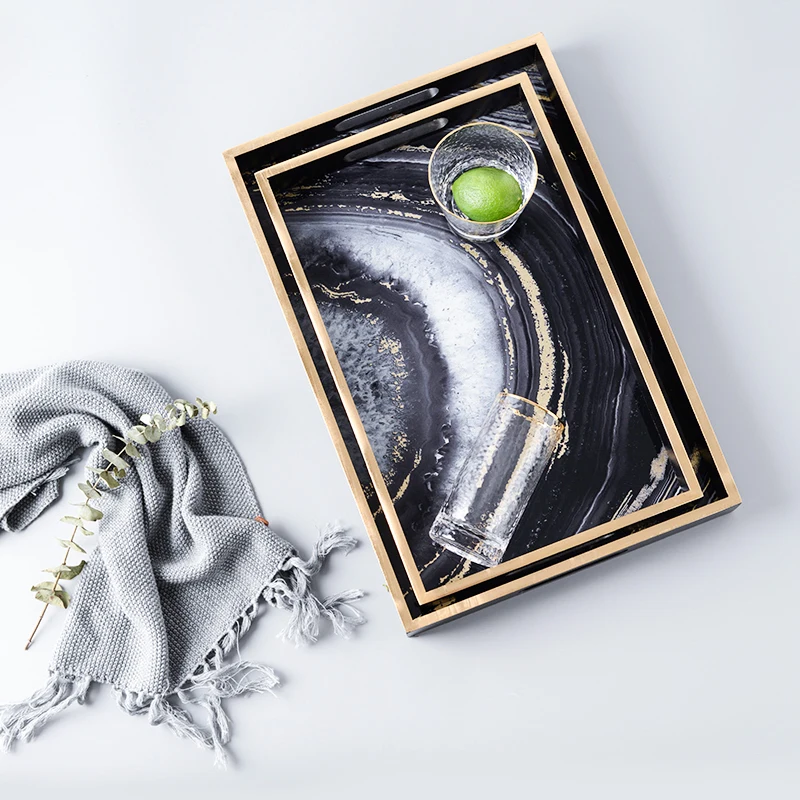 Скандинавский винтажный деревянный стеклянный поднос для хранения посуды тарелка креативный цвет золото облако туман Агат текстура чайный лоток домашний декор ремесла