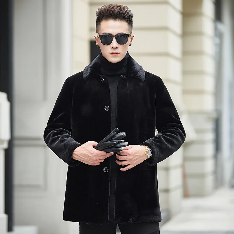 

2019 Men Fur Coat Sheep Shearing Winter Mens Faux Fur Coats Black Long Jacket High Quality Fur Overcoat Faux Coat Men Long