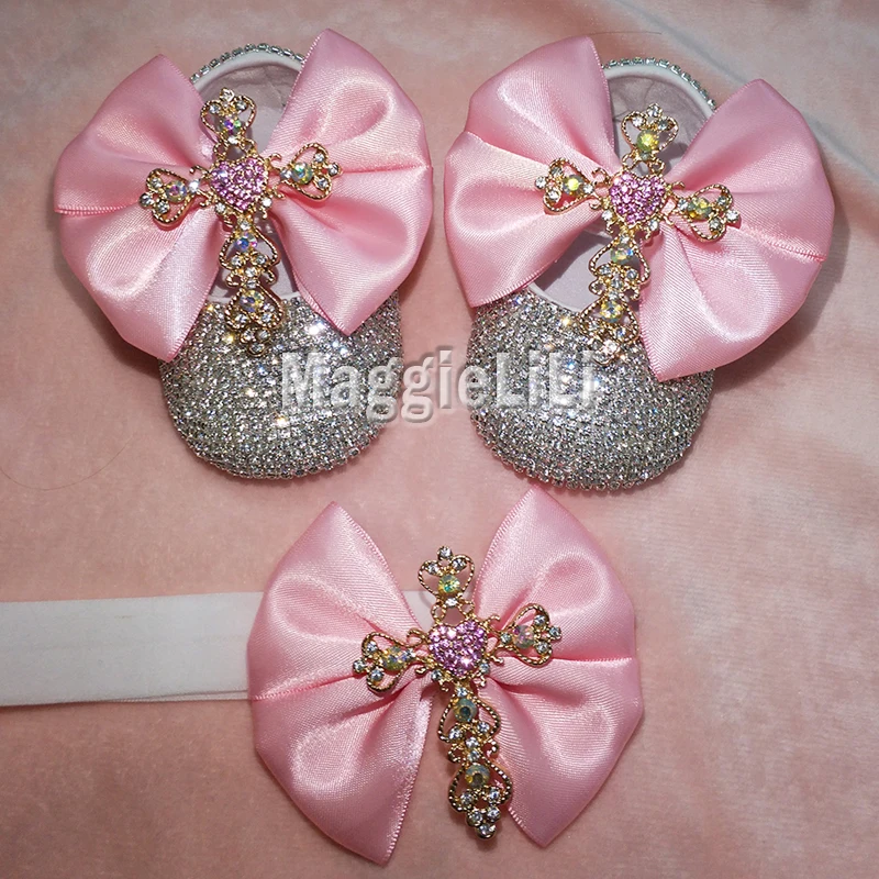  pink bowknot Custom Sparkle Bling crystals Rhinestones Baby girls shoes infant 0-1Y ribbon shoes Fi