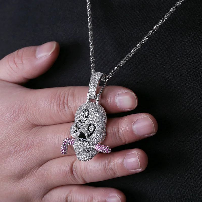 

Fashion hip hop 999 skull pendant micro inlay full zircon men's solid pendant necklace jewelry