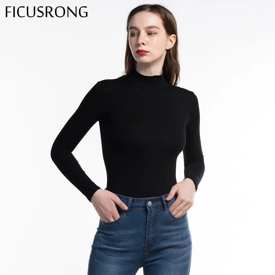 Женское облегающее боди с длинным рукавом FICUSRONG однотонное хлопковое черного и