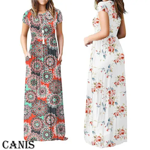 BOHO Для женщин Повседневное дамы цветочные Gypsy круглым вырезом короткий рукав