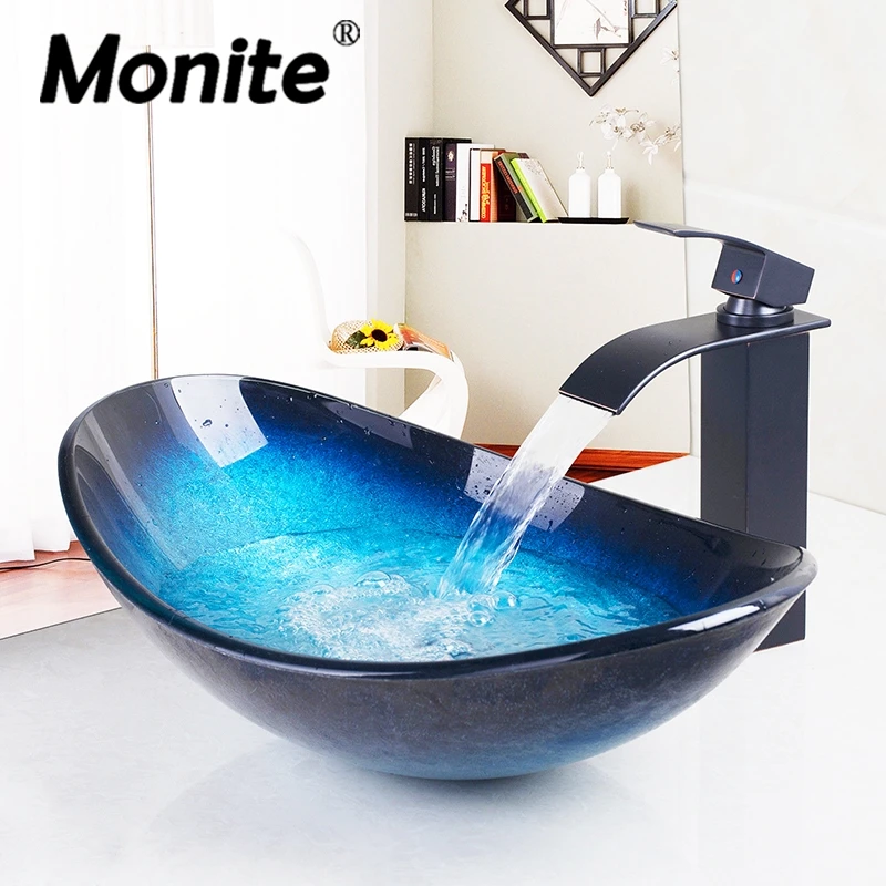

Monite Fast Free Shipping Bathroom Unit Cloakroom Wash Basin Sink Bowl with ORB Mixer Faucet Tap Bule Glass Basin Sink
