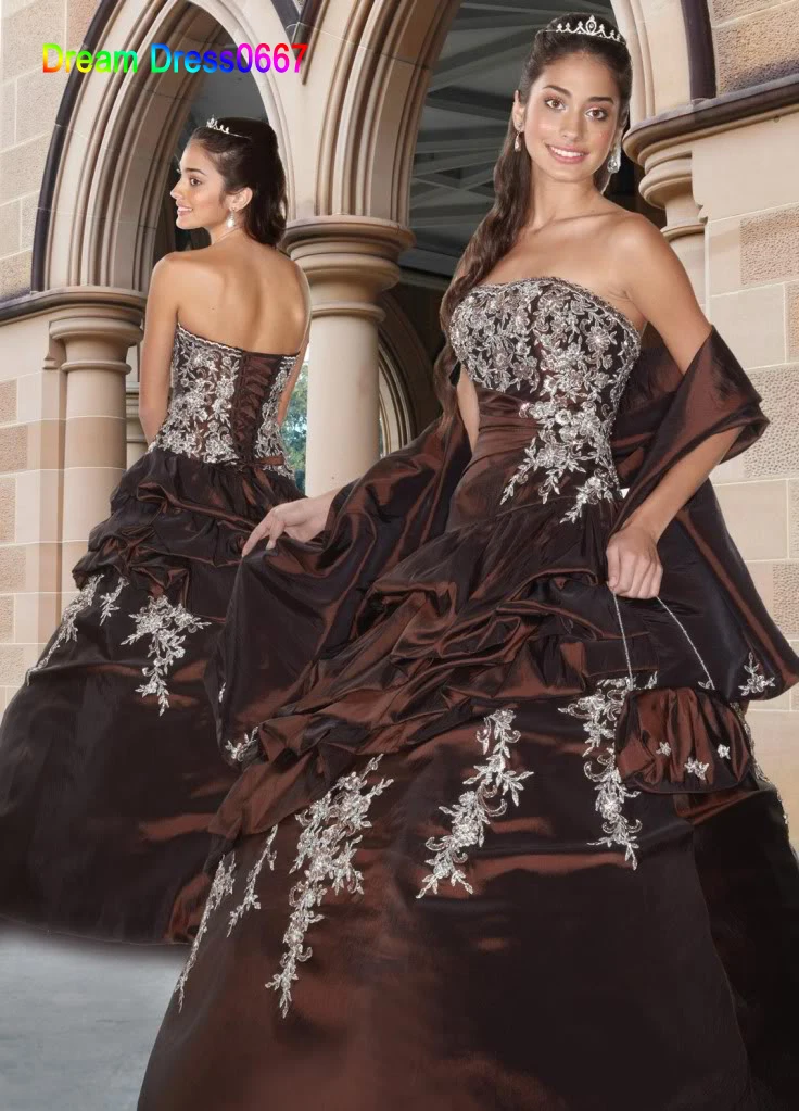 Restidos De 15 Anos Custom made Brown Coffee Satin Taffeta Appliqued