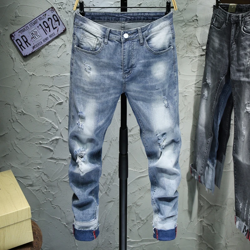 Обтягивающие мужские джинсы рваные джинсы Небесно-голубые серые эластичные укороченные штаны в Корейском стиле в стиле пэчворк джоггеры байкерские джинсы Мужская Уличная одежда