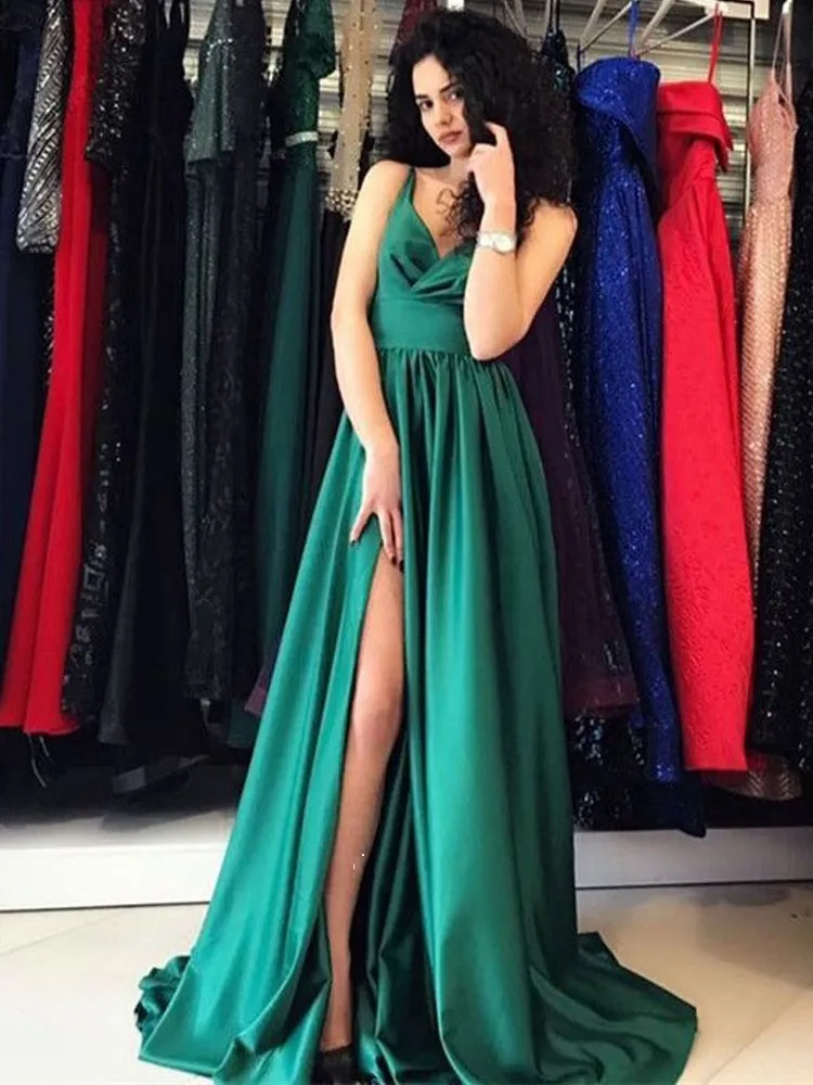 

DZW631 Simple Green Evening Dresses 2019 V-Neck High Slit Backless Satin A-Line Party Long Prom Gown Robe De Soiree