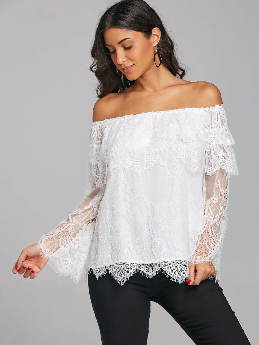 VESTLINDA Lace Blouse Off The Shoulder Tiered Bell Sleeve Women Blouse Summer Top Female Clothing 2018 Fashion Blusas Femme Tops 1