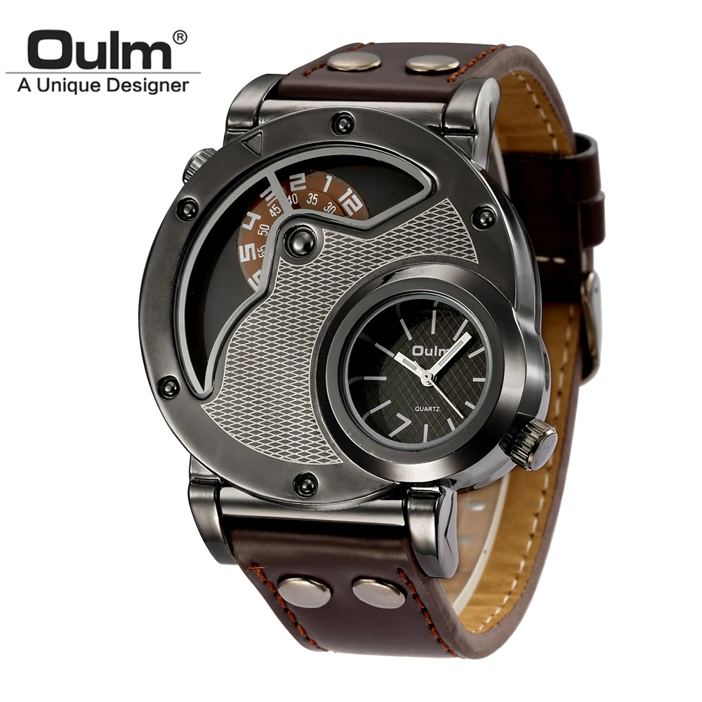 Oulm Unique Design Man Quartz Watches Top Brand Luxury Leather Strap Military Sport Wristwatch Male Clock relogio masculino