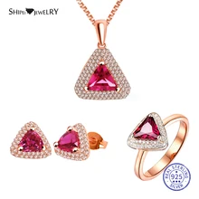 Shipei Sterling Silver Ruby Triangle Jewelry Set Rose Gold Stud Earrings Pendant Necklace Ring For Women Fine Jewelry