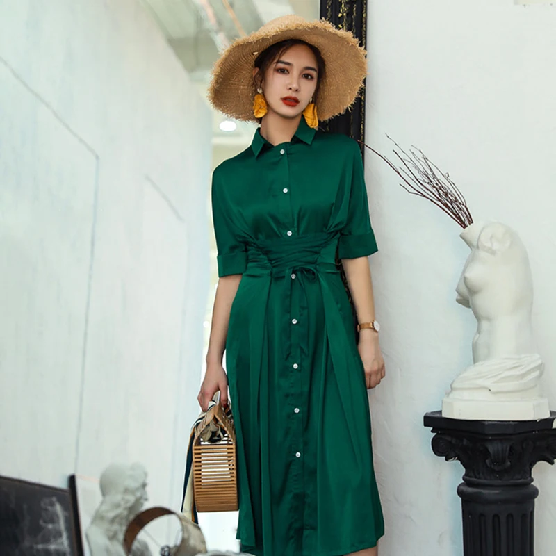 CHICEVER Летние шифоновые платья для женщин с лацканами Половина рукава Высокая талия бандаж подол Сплит элегантное платье Женская мода Новинка - Цвет: Green Dress