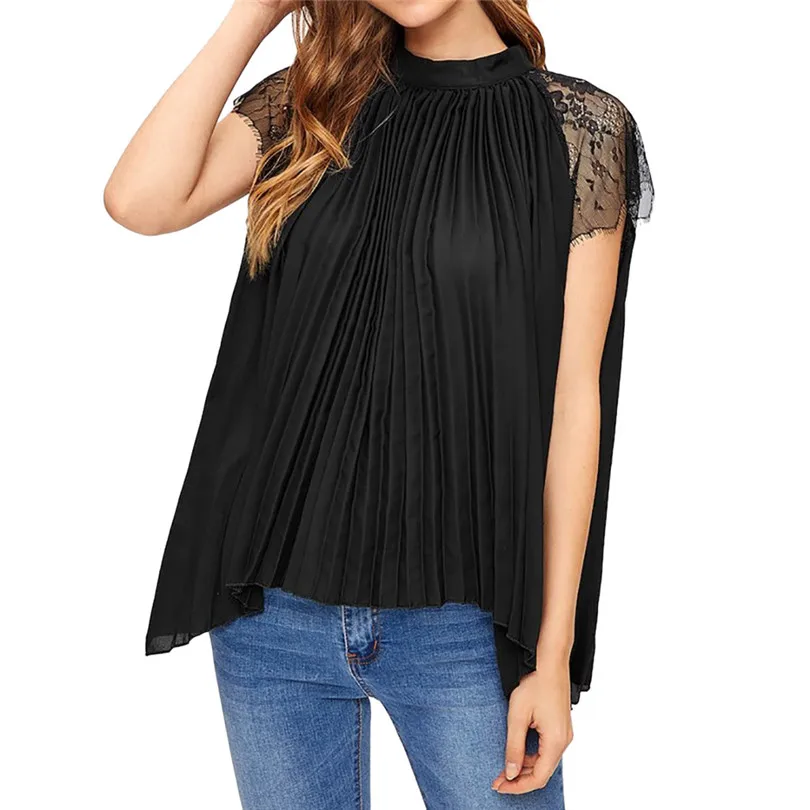 Women Clothes Summer O-Neck Lace stitching pleated loose chiffon Shirt Top Daily Fashion Casual Ladies Tops #4M19 (2)