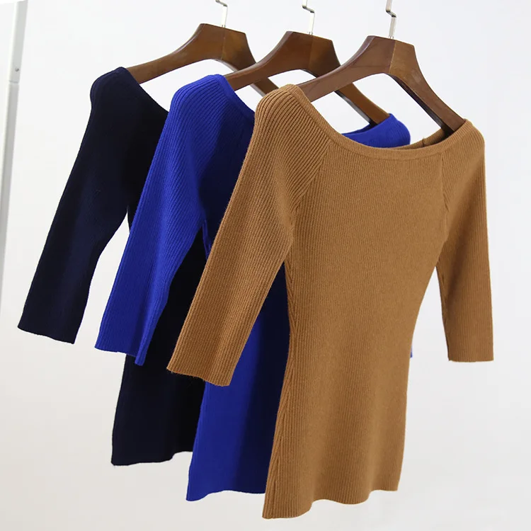 

Sweater Women Boat Neck Three-quarter Sleeve Solid Pullover Knitted Jumper 2018 New Tops Fashion Autumn Winter Sweater Drop Ship