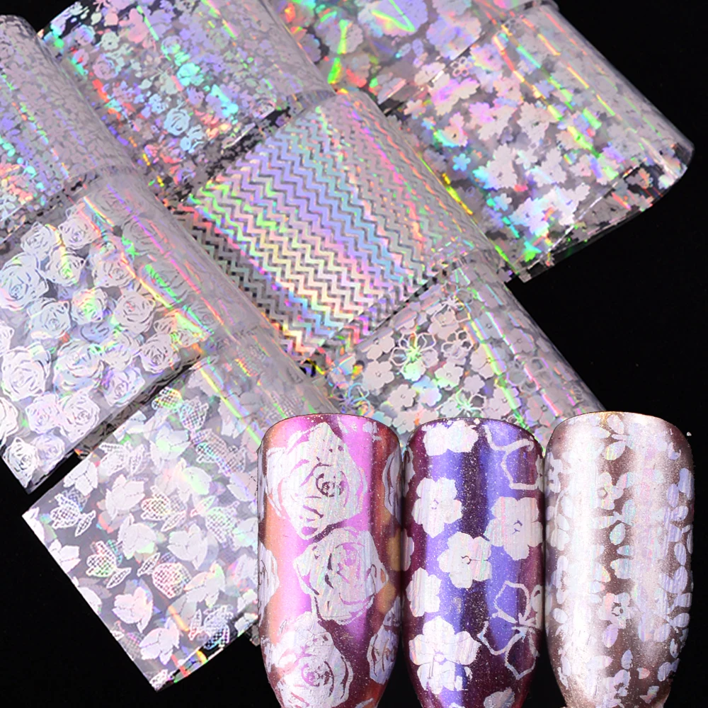 

8pcs 20cmx4cm Holographic Rose Flower Designs Nail Sticker Nail Art Transfer Foil Stickers Adhesive Decals DIY Laser Decor BE141