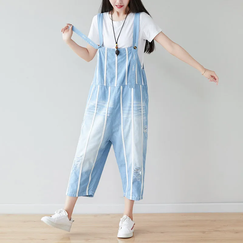 

Women Loose Bleached Scratched Ripped Overalls Jumpsuit Ladies Holes Striped Rompers Female 2019 Summer Calf Length Jumpsuits