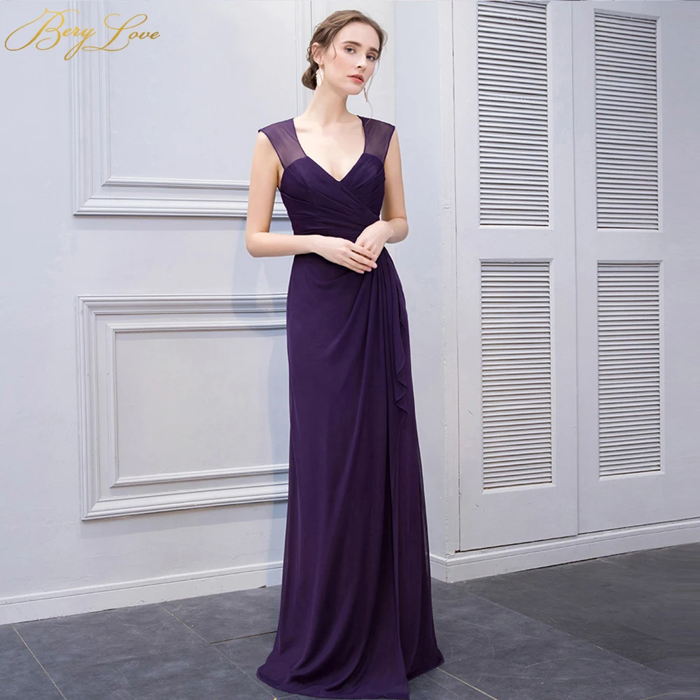 

Cheap Long Grape Purple Evening Dresses 2019 V Neck Open Back Formal Dress Elegant Prom Dress Sheer Cap Sleeves robe de soiree