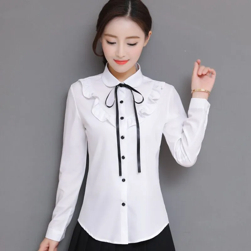 Весенняя элегантная кружевная женская рубашка с оборками, новая модная деловая обтягивающая шифоновая блузка с бантом и длинным рукавом, офисные женские топы размера плюс - Цвет: White