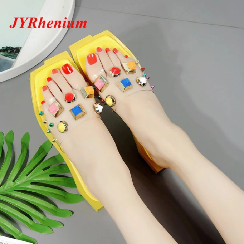 

JYRhenium 2018 New Designer Summer Woman Slippers Flat Flip Flops Mujer Casual Beach Sandals Colorful Rhinestone Rivet Big Size