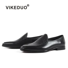 VIKEDUO Casual Men's Black Loafers Shoes Summer Handmade Patina Shoe 2019 Genuine Cow Leather Plaid Footwear Bespoke Zapatos