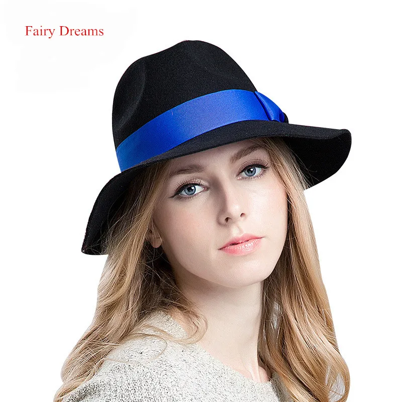 Fairy Dreams Women's Fedora Hat 2017 New Style Bow Patchwork Sombrero Mujer Chapeau Femme Black