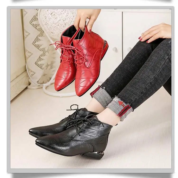 Shoes women boots 2019 fashion solid lace-up PU leather ankle boots women shoes square heel boots women sneakers casual shoes (10)