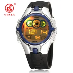 2016 Ohsen цифровой бренд lcd дети мальчики мода наручные часы подарок резиновый ремешок 30 м Водонепроницаемые Синие детские наручные часы