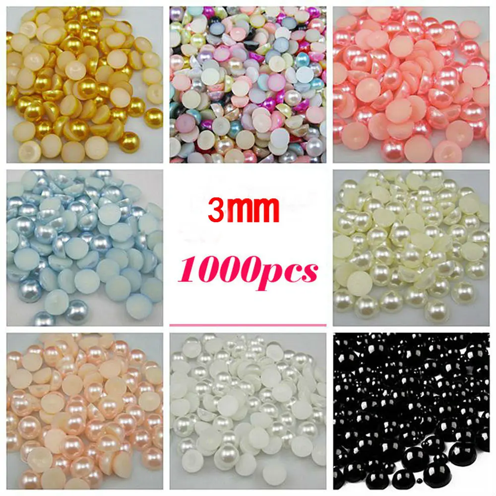 

Free Shipping Many Colors 3mm 1000Pcs Craft ABS Imitation Pearls Half Round Flatback Pearls Resin Diy Scrapbook Beads Decorate