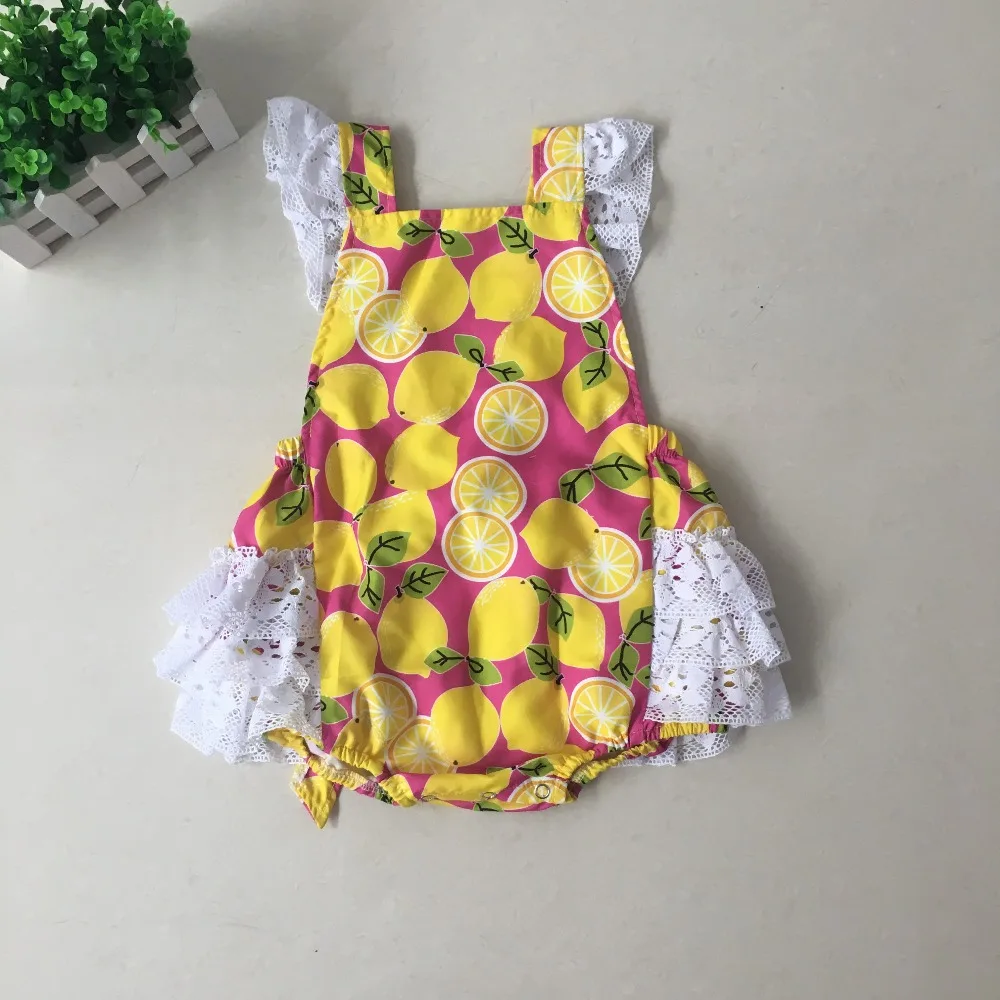 

Puresun Summer Baby Girls Lemon Printed Cotton Romper Toddler Boutique Bubble Girl White Lace Ruffle Boutique Romper