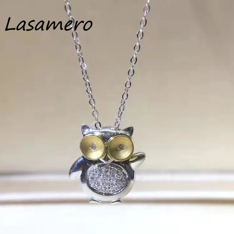 

LASAMERO Halo 0.05 CT Round Cut Owl shape Pave Set 18k White Gold Natural Diamond Pendant Necklace