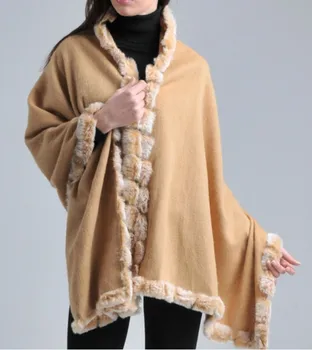 

Free Shipping Camel Winter Fashion Women's Wool Cashmere Rabbit Fur Shawl Scarf Thick Warm Wrap SYFur-4