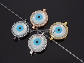 

Clear Zircon Gems Stones Pave Round Lucky Eye Mother Of Pear Bracelet Connector Charm Beads 10Pcs/Pack