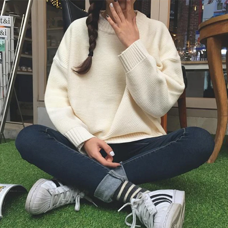 

New Autumn Ulzzang Harajuku Sweaters Women Sweet O Neck Long Sleeve Solid Color Knitted Jumper Female All Match Basic Pullovers
