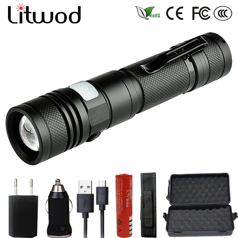 

Litwod Z20 1301 LED Flashlight Micro USB Rechargeable Torch XM-L T6 Zoomable 5 Modes Aluminum Lanterna For Camping Riding light