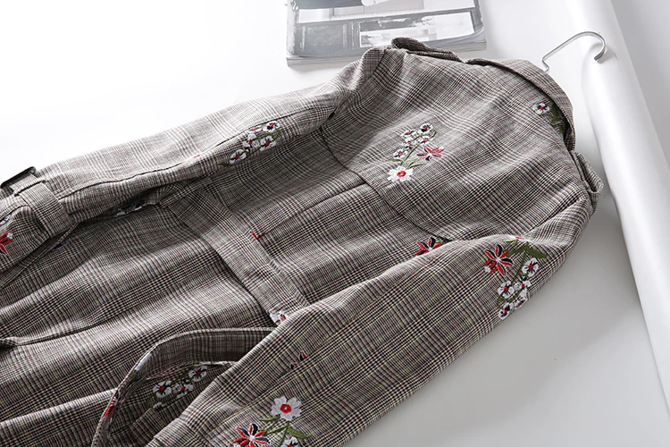 Fleur Kaki Kobykoyi Vintage Manteau Casual Tranch Automne Pour Femmes Abrigos Mujer Feminino Broderie Plaid Tops Casaco TZTf1qwt