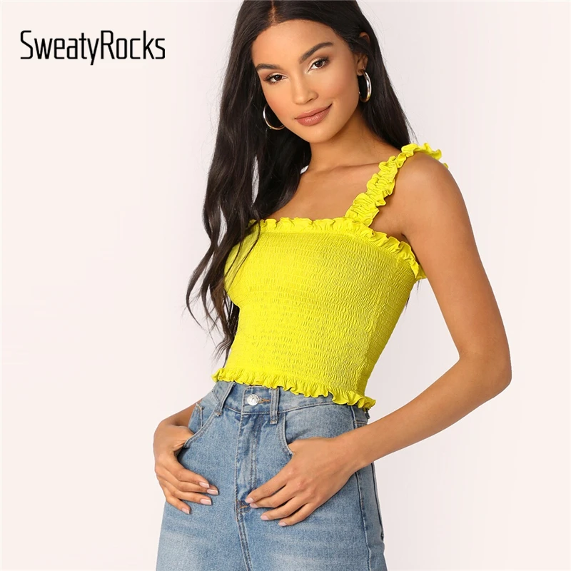 SweatyRocks женский топ с оборками на бретелях и подоле, лето, уличная одежда, Boho Tanks, укороченные однотонные топы, женский эластичный тонкий жилет