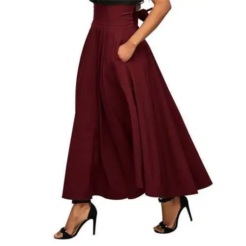 Винтажные женские юбки с высокой талией, сплошной цвет, плиссированные, сплошной цвет, тянущиеся, простое расклешенное плиссированное платье с коротким и широким подолом, длинная юбка, осенняя женская мода - Цвет: Бургундия