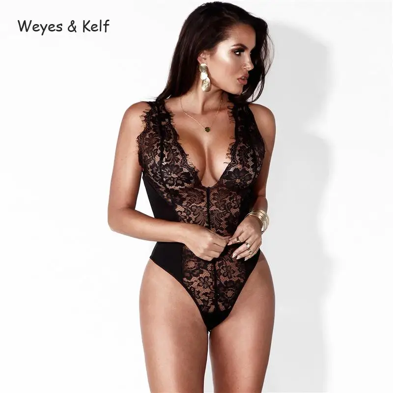 

Weyes & Kelf Hot Sexy Solid Hollow Out Lace Bodysuit Women 2018 Summer Deep V-neck Rompers Womens Body Femme Women Bodysuit
