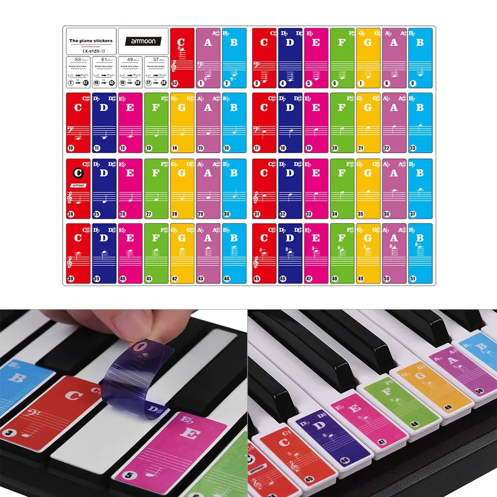 

ammoon Piano Keyboard Stickers for 37/ 49/ 61/ 88 Key Keyboards Removable Colorful for Kids Beginners Piano Practice Learning