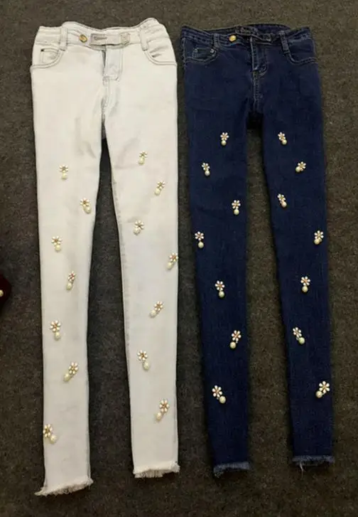Новые женские обтягивающие джинсы с цветами и бриллиантами, жемчужные Стрейчевые джинсы, брюки-карандаш