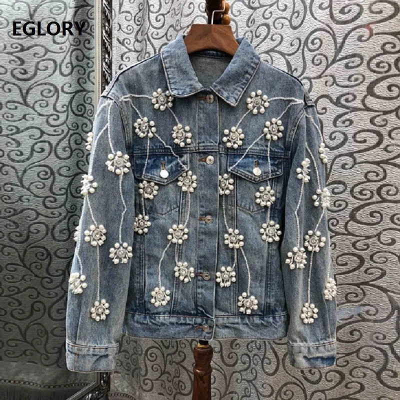

High Quality Denim Jacket 2019 Spring Autumn Jeans Coat Women Hand Made Beading Single Breasted Casual Tops Coat Female Outwear