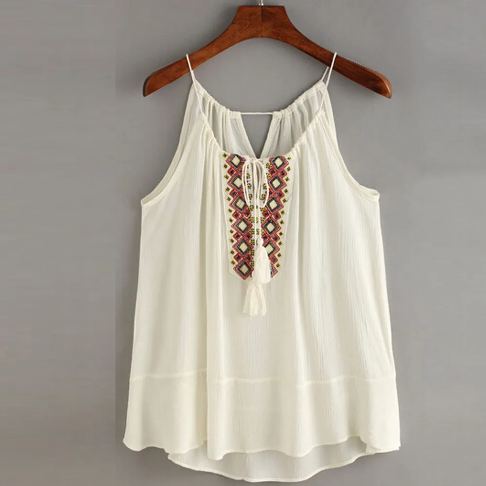 

Tasselled Drawstring Neck Embroidered Cami Top Blouse Tank Shirts Boho Style New 2017 Cheap Clothes China