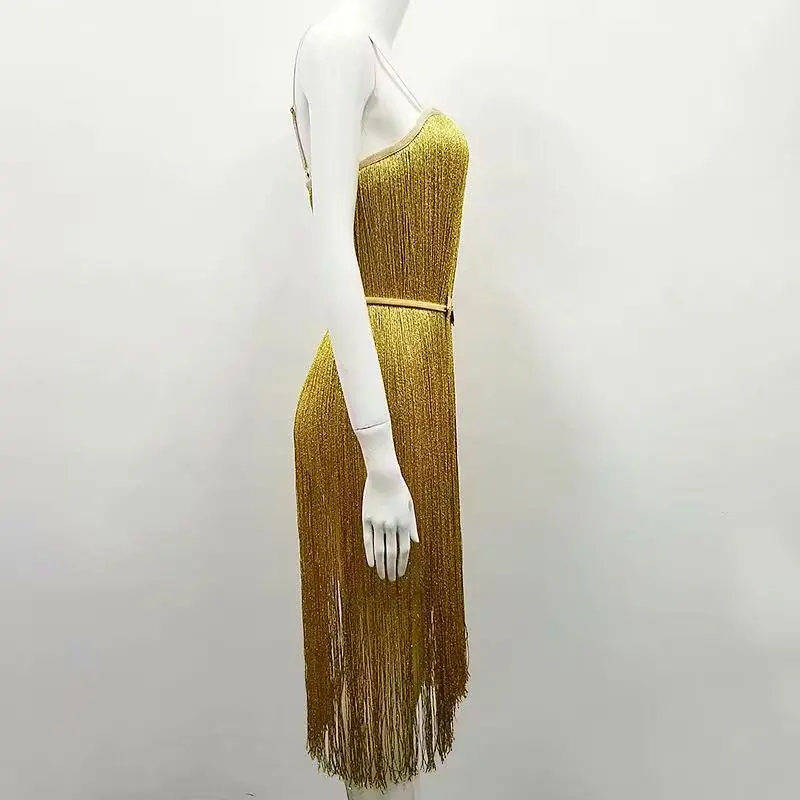 Модное женское элегантное Золотое Бандажное платье-миди летнее платье без рукавов с бахромой сексуальное Клубное вечерние обтягивающее платье vestidos