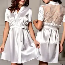 Women Sleepwear Sexy Long Silk Kimono Dressing Gown Sleepwear Robe Women Babydoll Black Lace Lingerie Set Bath Robe Gown Femme