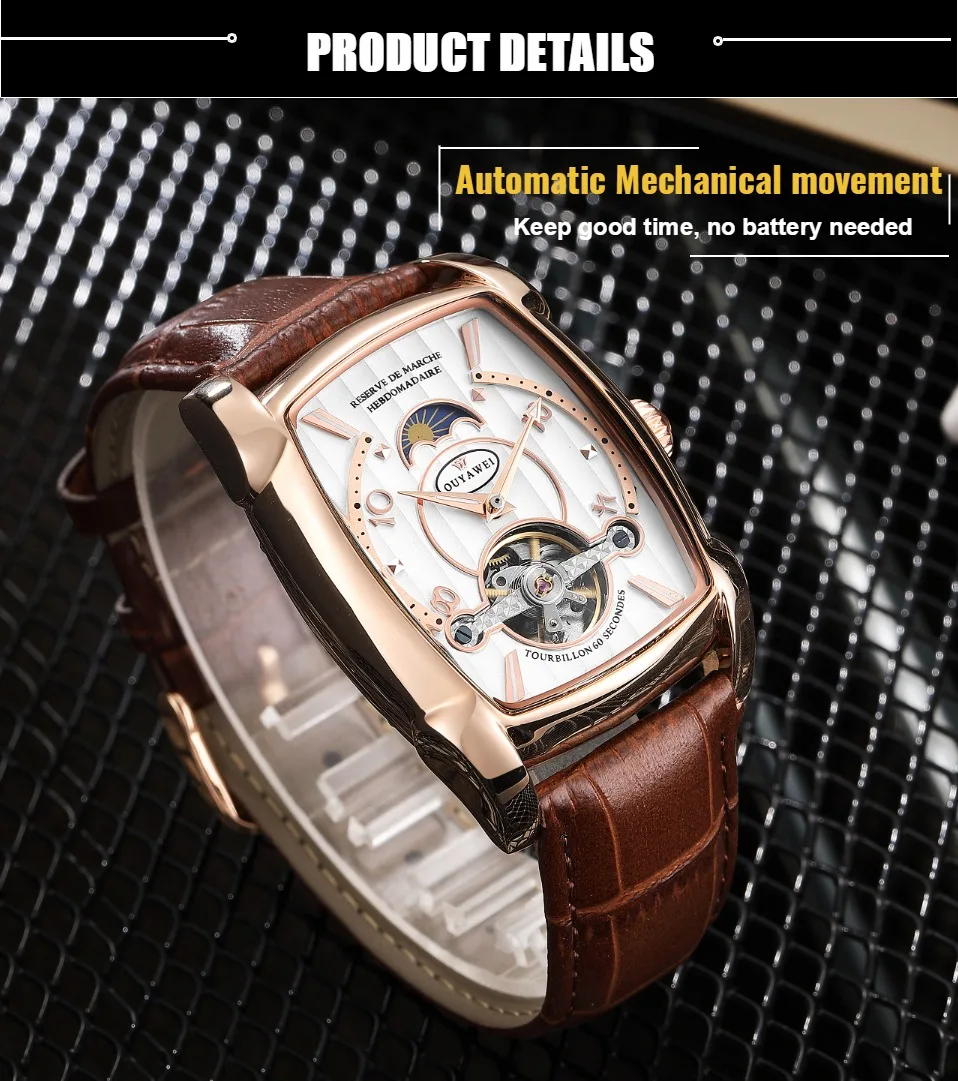 Роскошные OYW модные автоматические мужские механические часы Tourbillon деловые часы Tonneau Форма кожаные Наручные часы Relojes Hombre